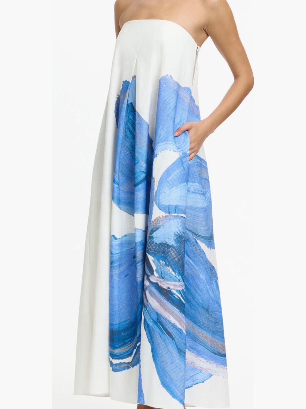 Strapless White Maxi Dress with Blue Painterly Print